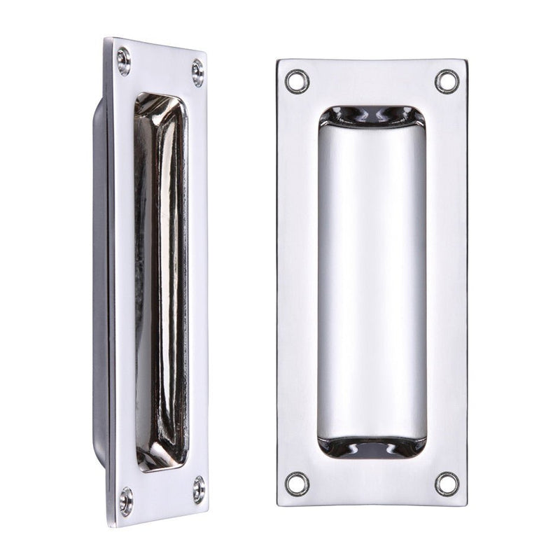 Zoo Hardware Flush Pull measuring 102 x 45mm with a depth of 13mm, featuring a polished chrome finish. The design includes a rectangular shape with four installation screws and a recessed grip for easy opening.