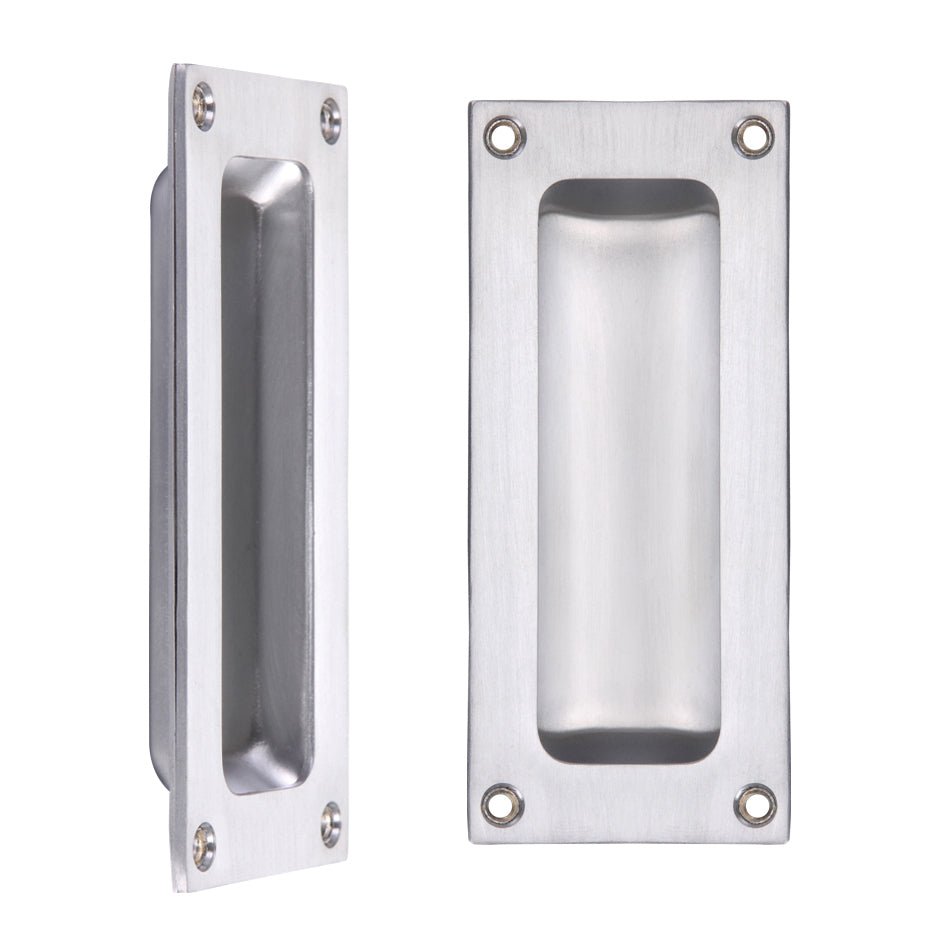 Zoo Hardware Flush Pull measuring 102 x 45mm with a depth of 13mm, crafted from stainless steel, featuring a sleek, recessed design with visible screw holes for installation.