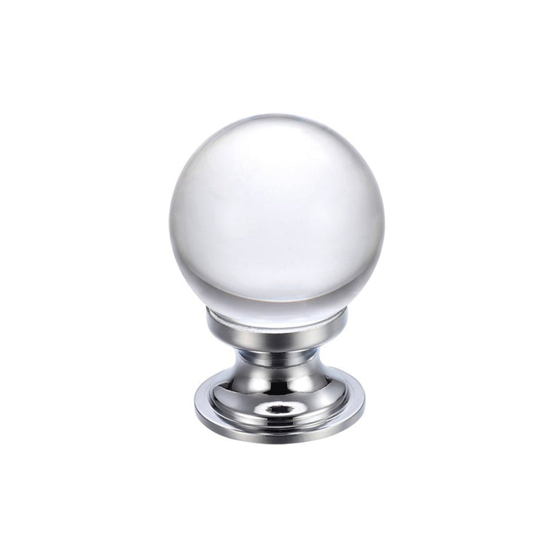Zoo Hardware Glass Ball Cabinet Knob – Plain featuring a round transparent glass ball atop a polished chrome base, designed for easy gripping and installation.