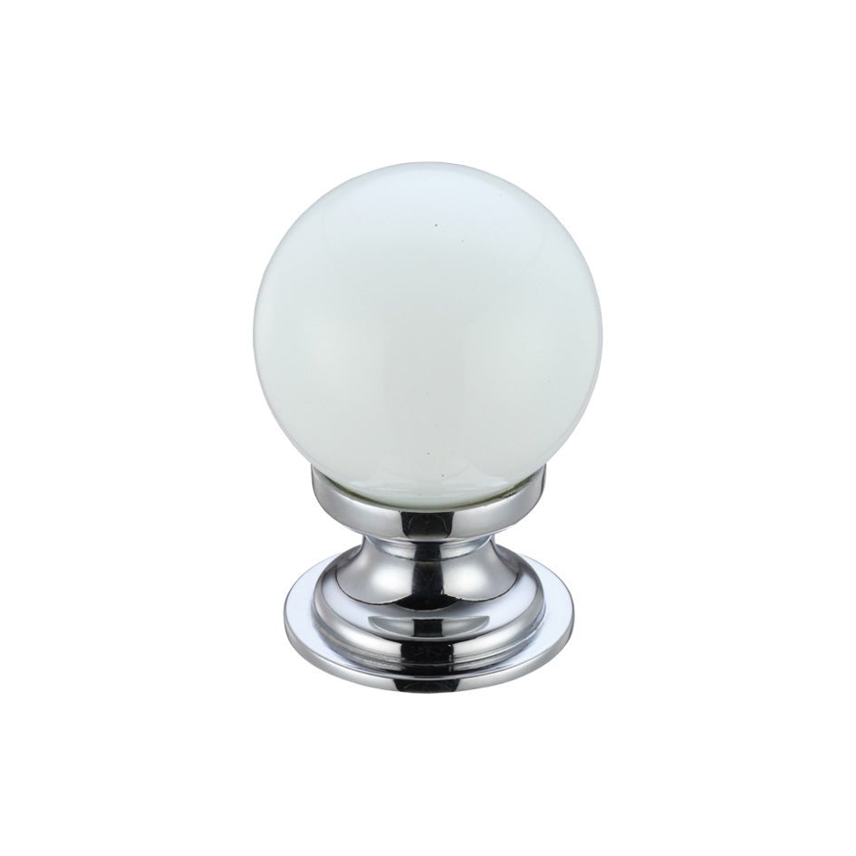 Zoo Hardware Glass Ball Cabinet Knob – Plain features a round glass knob with a smooth finish, mounted on a polished chrome base, providing a simple and modern aesthetic for cabinetry.