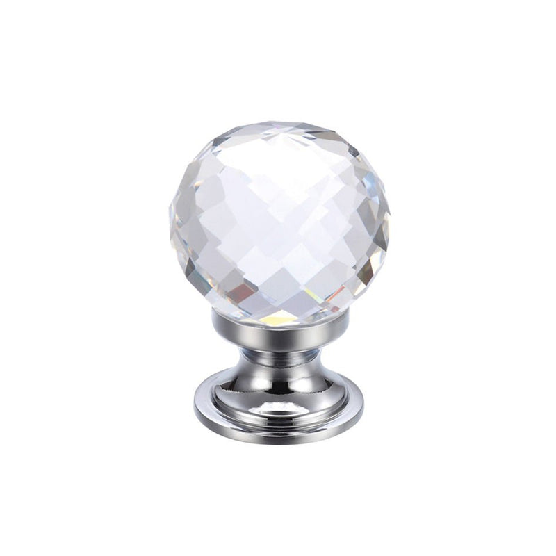 Zoo Hardware Glass Ball Cabinet Knob – Facetted, featuring a clear faceted glass ball with a polished chrome base. The knob provides a stylish accent for cabinetry with its geometric design.