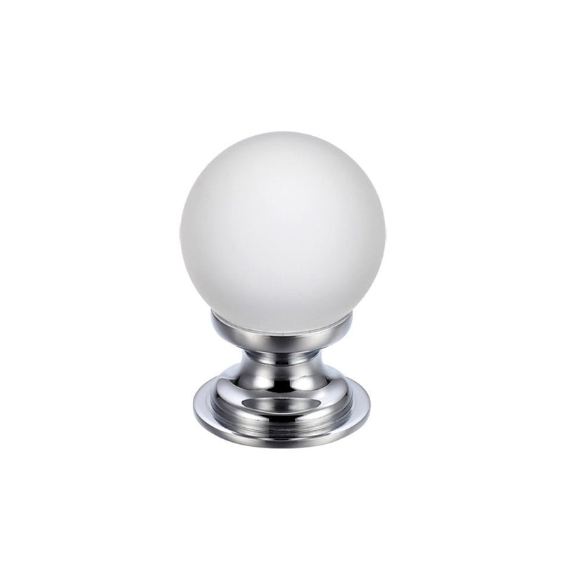 Zoo Hardware Glass Ball Cabinet Knob in frosted finish, featuring a spherical frosted glass head mounted on a polished chrome base with a round backing plate.