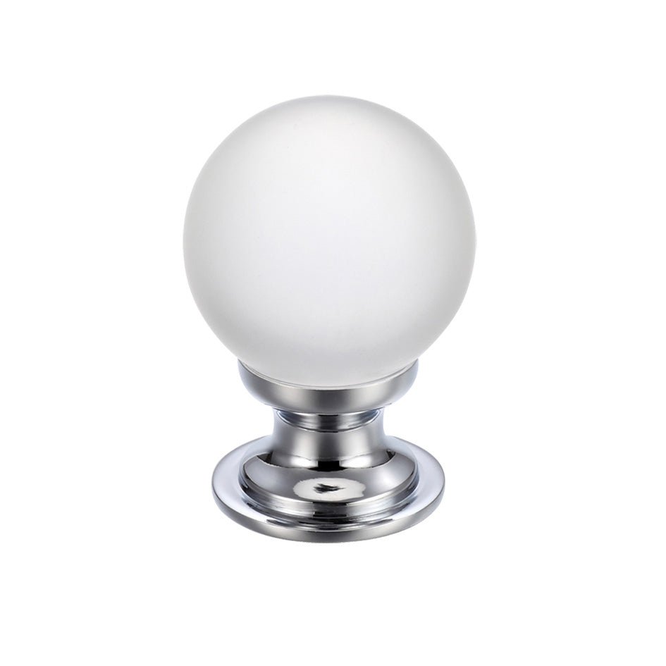 Zoo Hardware Glass Ball Cabinet Knob in frosted glass, featuring a round design on a polished chrome base. The knob has a smooth finish and a classic appearance.