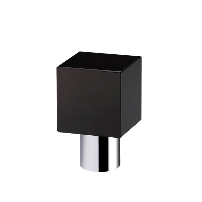Zoo Hardware Cube Cupboard Knob in black, measuring 25mm in diameter, features a square body and a chrome-plated cylindrical base, designed for cabinets and furniture.