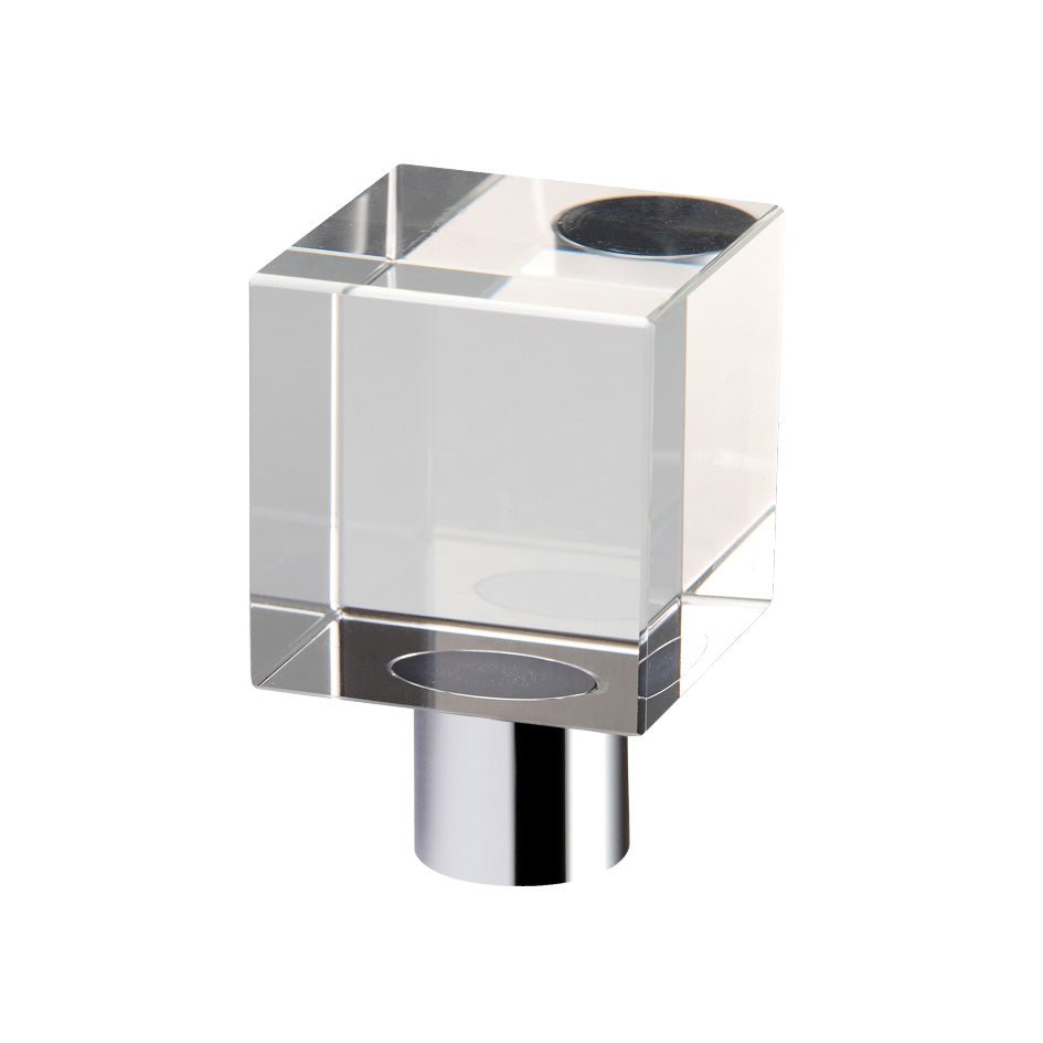 Zoo Hardware Cube Cupboard Knob in clear acrylic with a polished chrome base, featuring a plain 30mm diameter cube design. The knob has a glossy finish and is suitable for modern cabinetry.