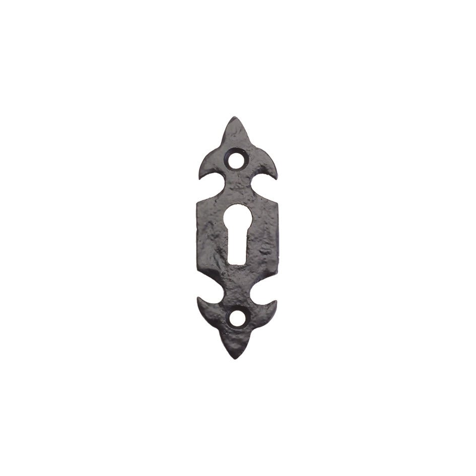 Zoo Hardware Fleur De Lys Escutcheon in a standard 3-inch size, featuring a decorative design with a keyhole cutout, made of metal in a dark finish.
