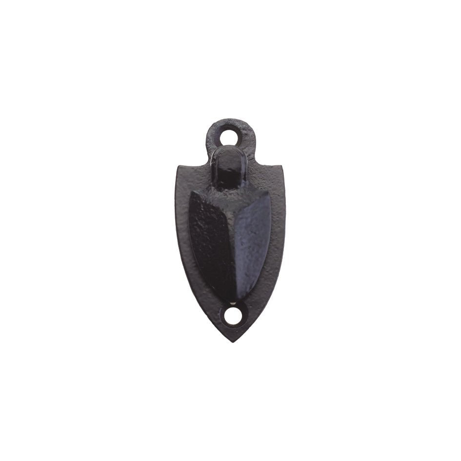 Zoo Hardware Shield Escutcheon with Cover in black finish, measuring 2 inches, featuring a shield shape with a raised center and mounting holes for installation.
