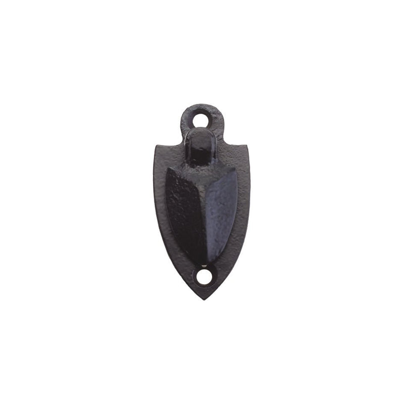Zoo Hardware Shield Escutcheon with Cover in black finish, measuring 2 inches, featuring a shield shape with a raised center and mounting holes for installation.