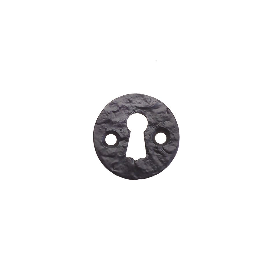 Zoo Hardware Escutcheon - Standard - 1.5" in a dark, textured finish, featuring a circular shape with a keyhole cutout and two mounting holes.