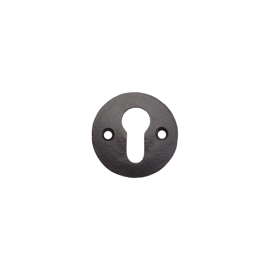 Zoo Hardware Escutcheon - Euro - 2" in black finish, featuring a circular design with a keyhole opening and two mounting holes.
