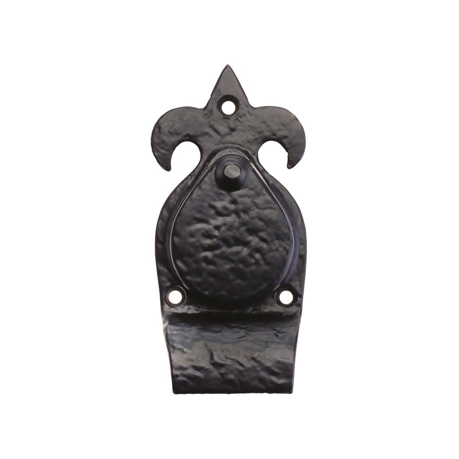 Zoo Hardware Fleur De Lys Cylinder Cover - 5" in a black finish, featuring a decorative fleur-de-lys design with a textured surface and mounting holes for installation.