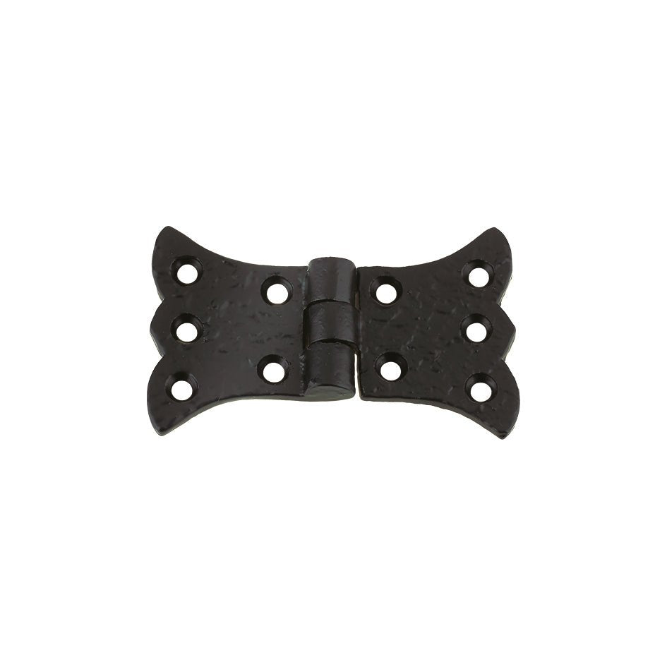 Zoo Hardware Butterfly Hinge in black, measuring 85mm x 35mm, designed with a decorative butterfly shape and featuring multiple holes for easy installation.