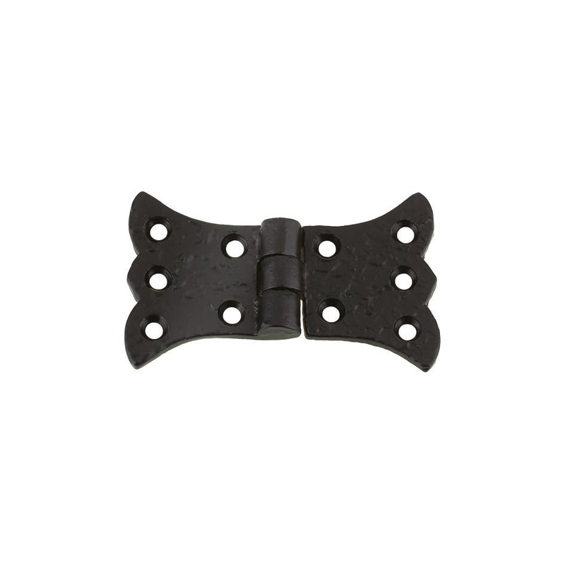 Zoo Hardware Butterfly Hinge in black, measuring 85mm x 35mm, designed with a decorative butterfly shape and featuring multiple holes for easy installation.