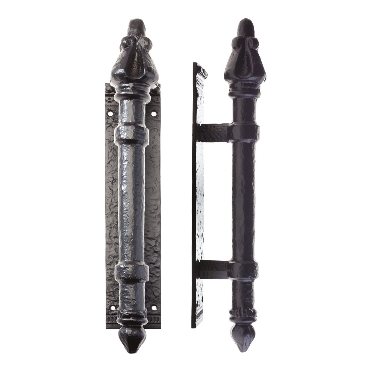 Zoo Hardware Round Pull Handle on Backplate measuring 304mm x 63mm and 2.5mm thick, featuring a decorative design with a black finish, suitable for doors.