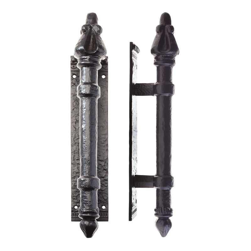 Zoo Hardware Round Pull Handle on Backplate measuring 304mm x 63mm and 2.5mm thick, featuring a decorative design with a black finish, suitable for doors.