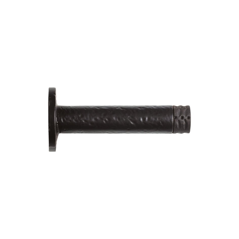 Zoo Hardware Door Stop - Cylinder c/w Rose in black, measuring 90mm in length. The cylindrical body has a textured finish and features holes for mounting, with a circular base for stability.