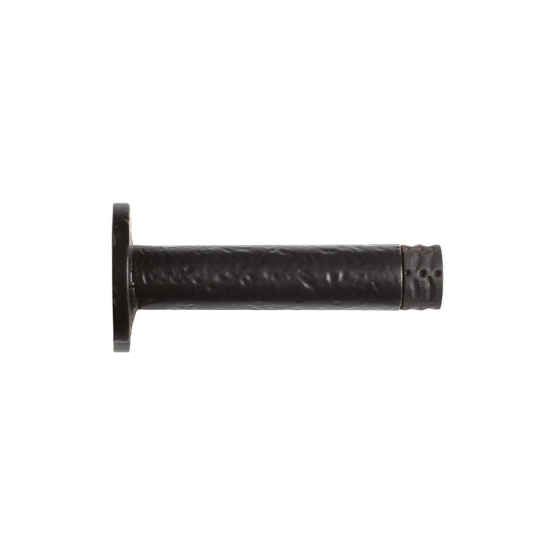 Zoo Hardware Door Stop - Cylinder c/w Rose in black, measuring 90mm in length. The cylindrical body has a textured finish and features holes for mounting, with a circular base for stability.