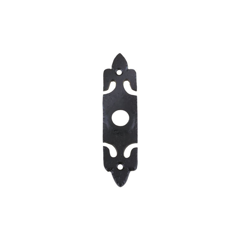 Zoo Hardware Bell Push with Rectangular Plate measuring 45mm x 77mm, finished in black and featuring decorative cutouts around the central button hole.