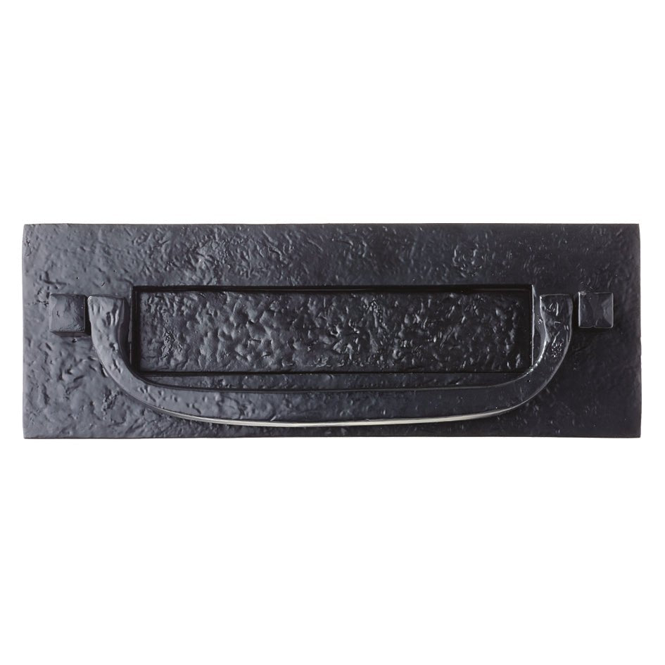 Zoo Hardware Postal Letter Plate measuring 12" x 4" in a textured black finish, featuring a rectangular shape with a curved handle and square mounting points at each end.