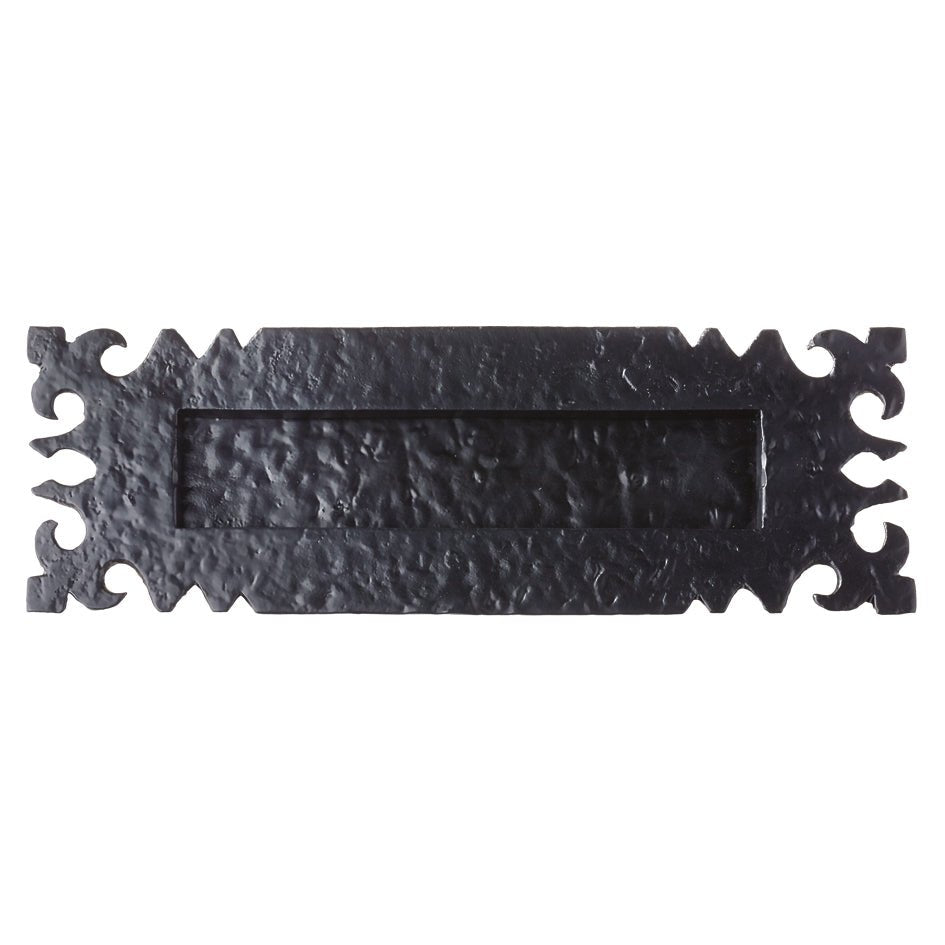 Zoo Hardware Ledbury Letter Plate measuring 12" x 4", finished in a textured black color with ornate edges and a rectangular opening for mail insertion.