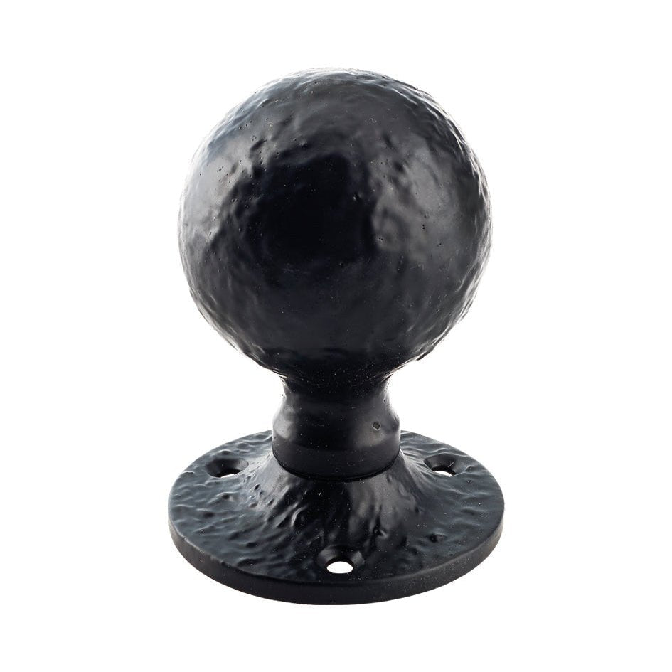 Zoo Hardware Ball Mortice Knob in black finish, measuring 1.5 inches, featuring a textured round knob on a circular base, designed without a spring mechanism.
