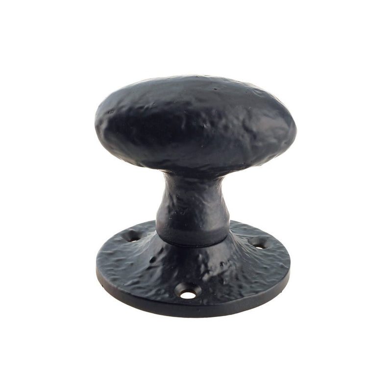 Zoo Hardware Oval Mortice Knob in a black finish, measuring 2.5 inches in diameter, features an un-sprung design with a textured surface and a circular base for secure installation.