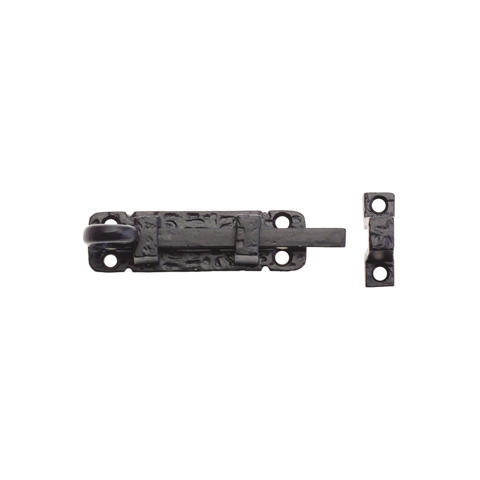 Zoo Hardware Curly Tail Door Bolt in black finish, measuring 4 inches, featuring a decorative tail and a secure locking mechanism, shown with accompanying strike plate.