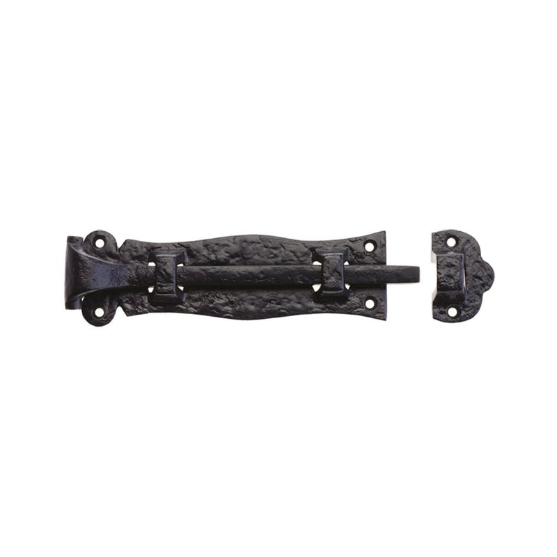 Zoo Hardware Plain Door Bolt in a textured black finish, featuring a sturdy latch mechanism and mounting plate, designed for securing doors.