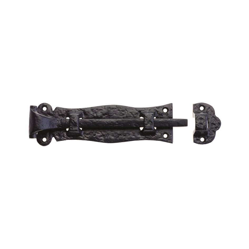 Zoo Hardware Plain Door Bolt in a black finish, made of solid metal with a textured surface, featuring a sliding bolt mechanism and an accompanying catch for secure installation.