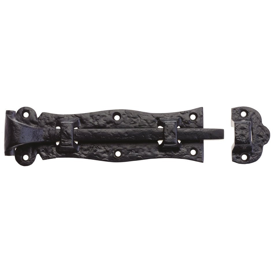 Zoo Hardware Plain Door Bolt in a black finish with a textured surface, featuring a curved design and a sliding bolt mechanism. It includes mounting holes for easy installation.