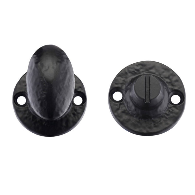 Zoo Hardware Turn and Release - 5mm Spindle in black, featuring a rounded knob and a circular base with two mounting holes, designed for interior doors.
