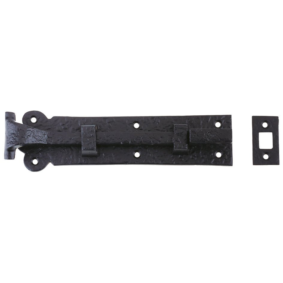 Zoo Hardware Cranked Plain Door Bolt measuring 200mm x 48mm in a textured black finish, featuring a sturdy design with a hinge and a matching strike plate for secure closing.