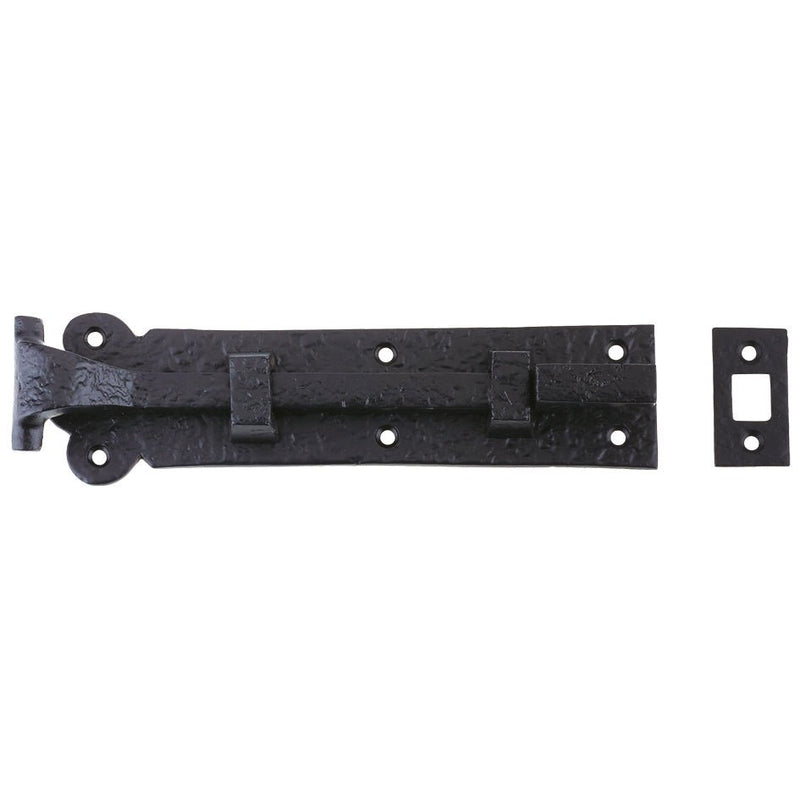 Zoo Hardware Cranked Plain Door Bolt measuring 200mm x 48mm in a textured black finish, featuring a sturdy design with a hinge and a matching strike plate for secure closing.