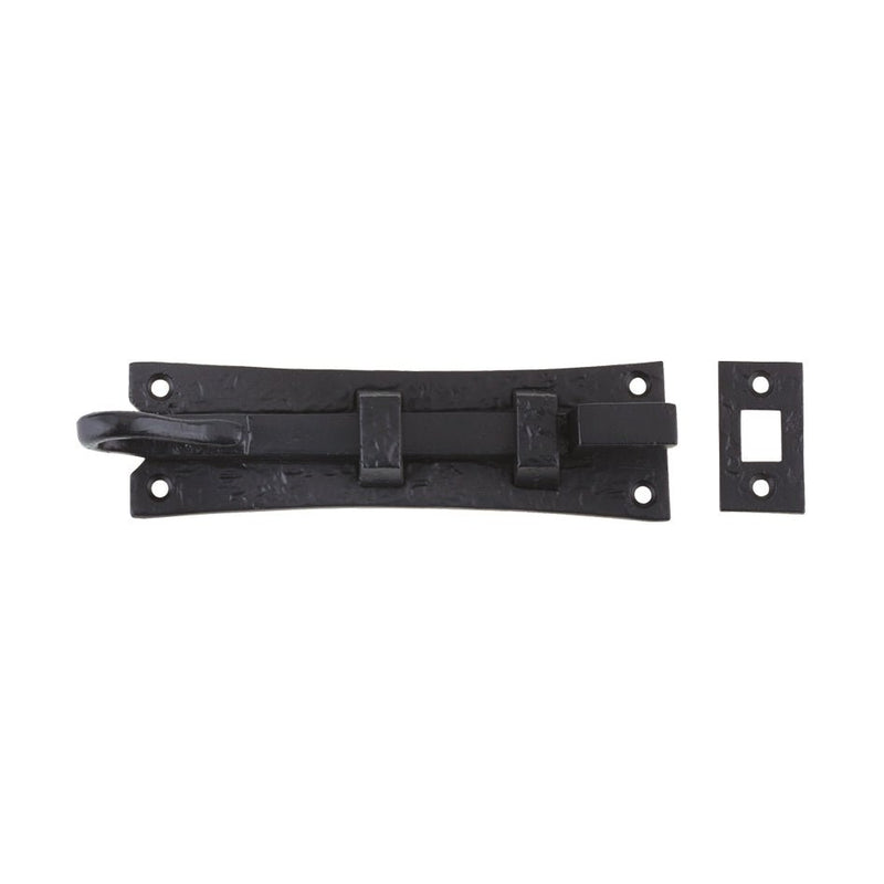 Zoo Hardware Cranked Curly Tail Door Bolt measuring 150mm x 42mm in a matte black finish, featuring a curved design with a decorative hook and matching plate for secure door closure.