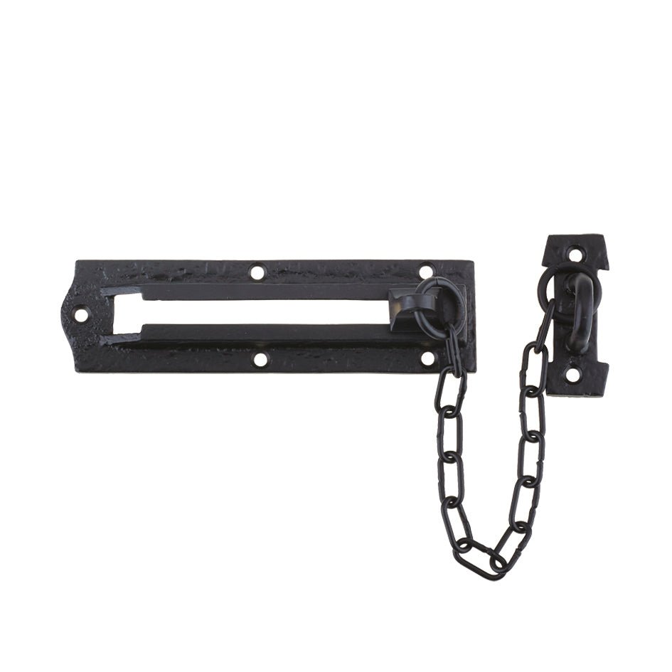 Zoo Hardware Door Chain in black, measuring 155mm x 40mm, featuring a metal design with a chain attached for added security.