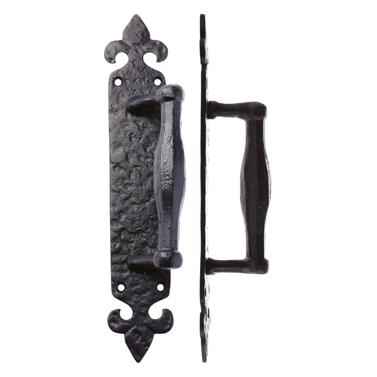 Zoo Hardware Pull Handle on Fleur De Lys Backplate - 10" in black finish, featuring a decorative backplate with fleur de lys design and a sturdy handle made of metal with textured details.