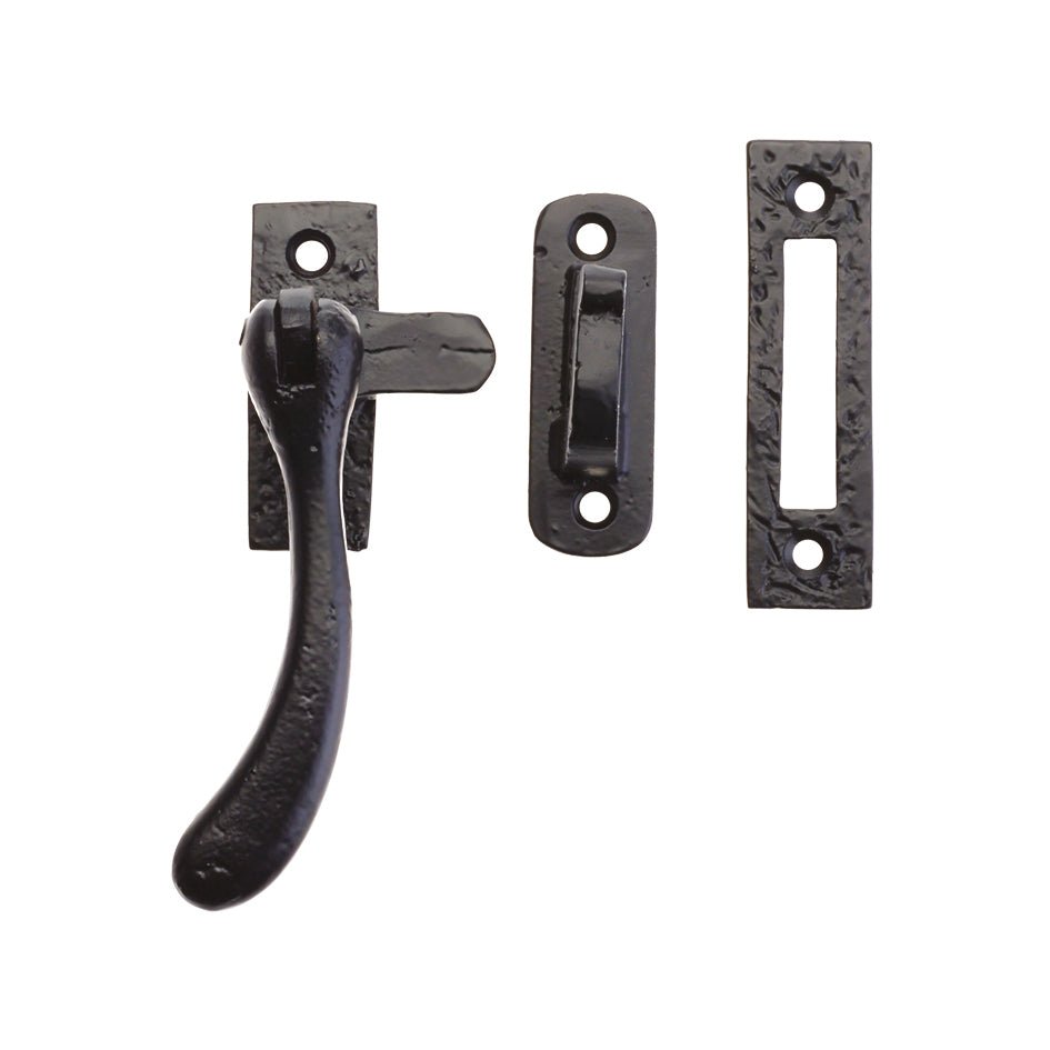 Zoo Hardware Bulb End Casement Fastener - 4" in a black finish, including a lever handle and two matching brackets, designed for securing casement windows.