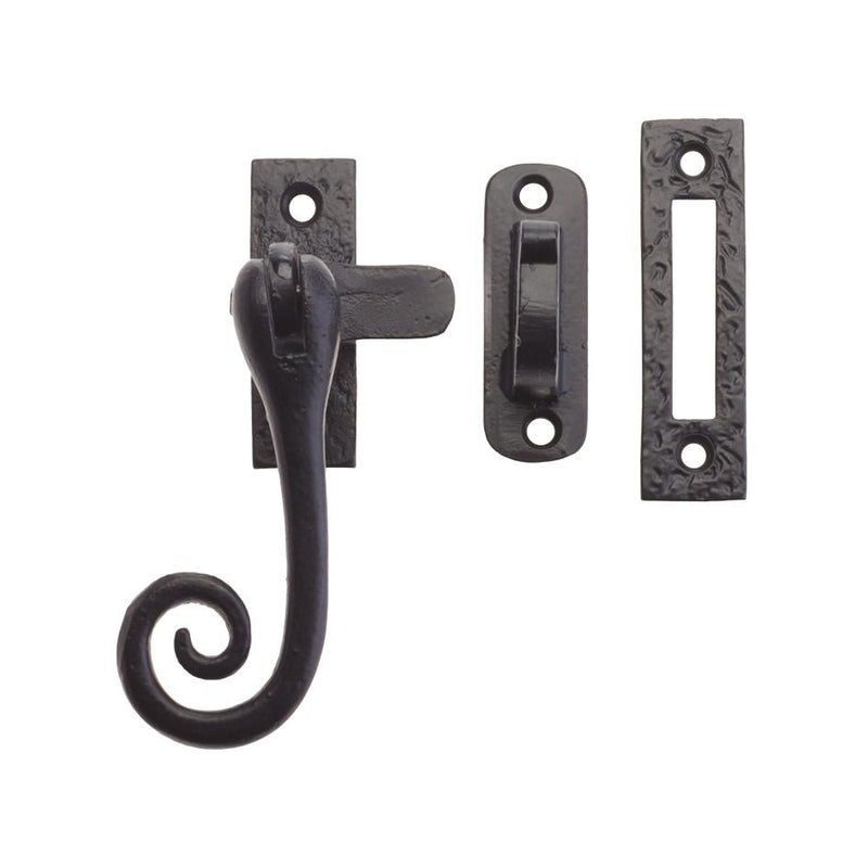 Zoo Hardware Curly Tail Casement Fastener in black, measuring 4 inches, featuring a decorative hook with a curled end and accompanying components for installation, designed for securing casement windows.