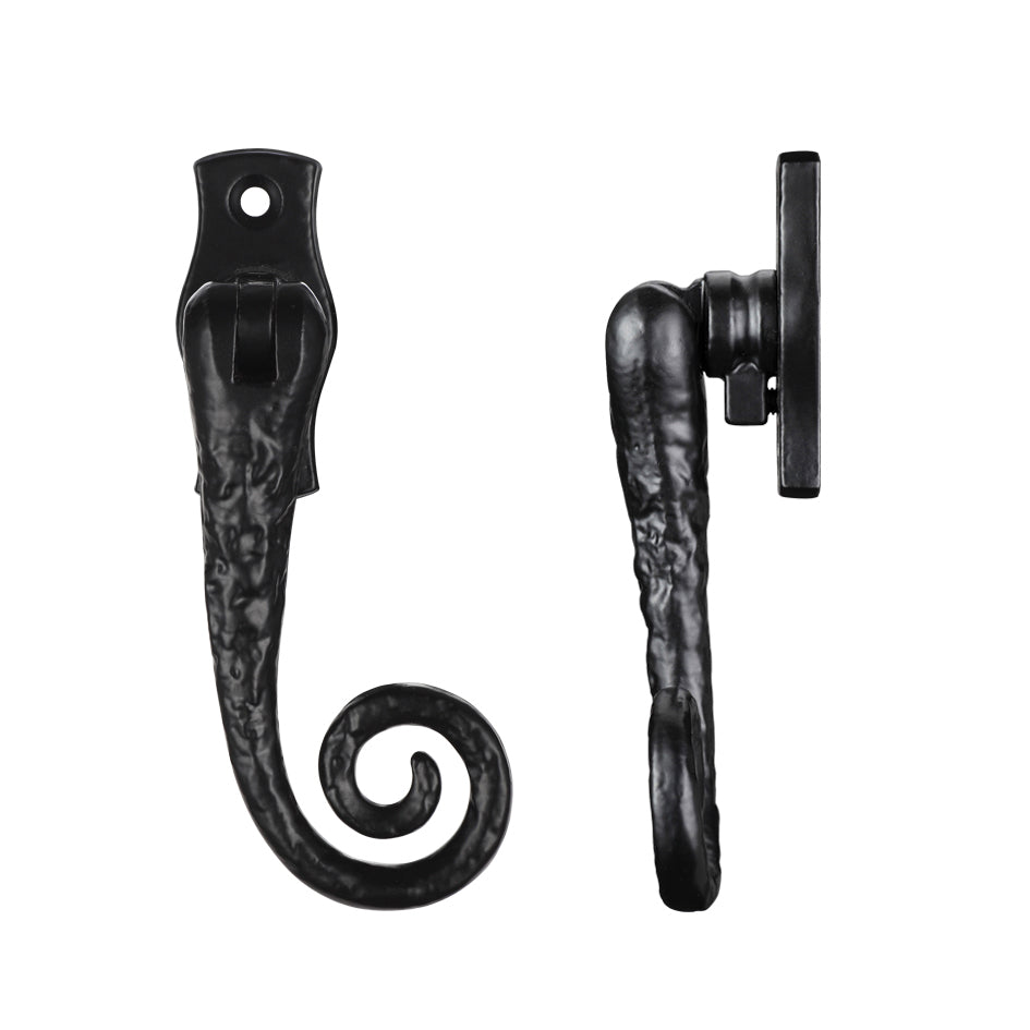 Zoo Hardware Monkey Tail Fastener Lockable c/w Key in black, featuring a decorative curled design and a locking mechanism for added security.