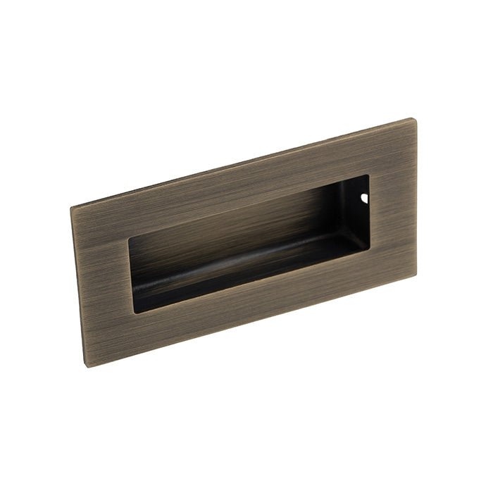 Carlisle Brass Rectangular Flush Pull measuring 102 x 52 x 12mm, featuring a rectangular design with a brushed bronze finish, suitable for integrated door and drawer applications.