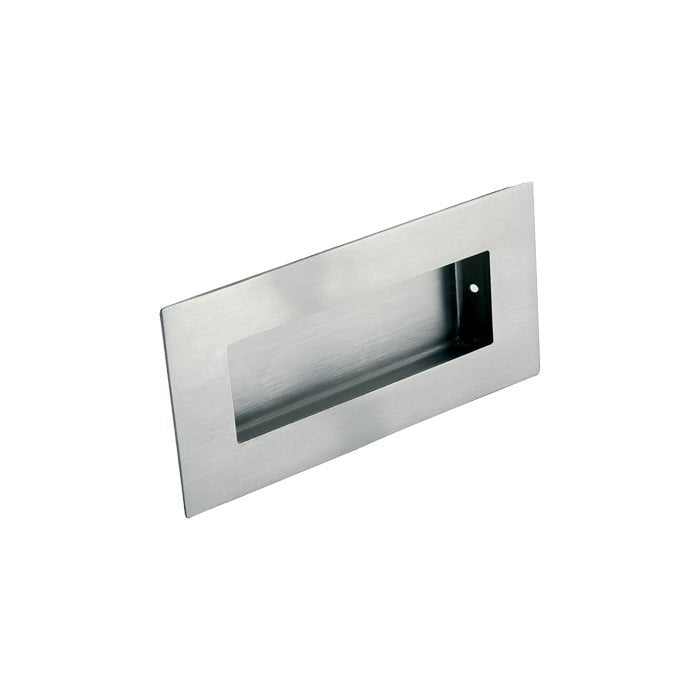 Carlisle Brass Rectangular Flush Pull measuring 102 x 52 x 12mm, made of stainless steel with a brushed finish, featuring a rectangular opening and a mounting hole.