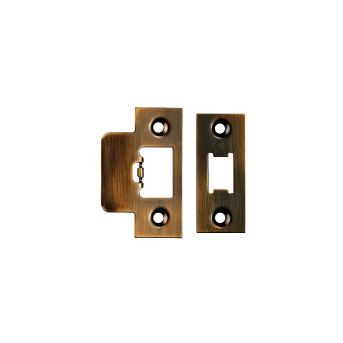 Carlisle Brass Forend Strike & Fixing Pack To Suit Heavy Duty Tubular Latch in an antique brass finish, featuring two metal plates for installation, one with a cutout for the latch and a second fixing plate.