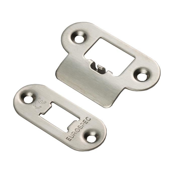 Carlisle Brass Forend Strike & Fixing Pack to Suit Heavy Duty Tubular Latch, featuring stainless steel construction with a brushed finish, includes two plates for latch installation.