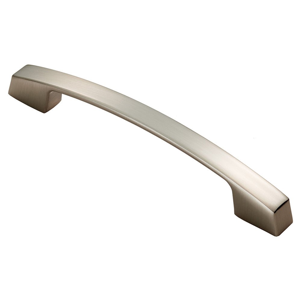 Carlisle Brass Bridge Handle in brushed nickel finish, featuring a smooth curved design and square ends, suitable for cabinets or drawers.