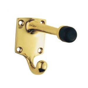Carlisle Brass Hat and Coat Hook with Rubber Buffer, featuring a polished brass finish and a black rubber buffer on the hook, designed for wall mounting with visible screws on the rectangular backplate.