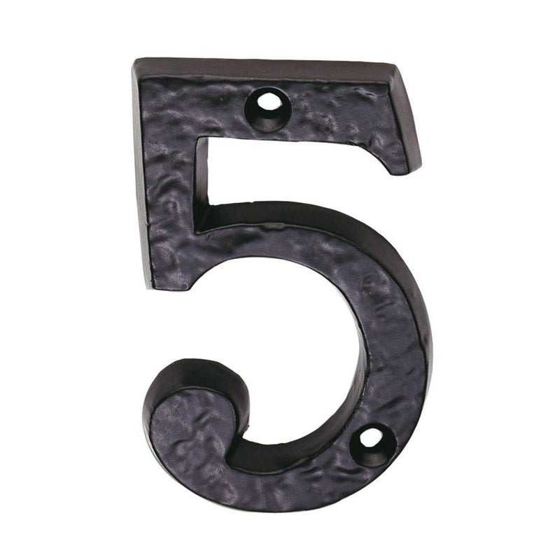 Carlisle Brass Numeral (Face Fix) in a black, hammered finish, featuring a decorative number 5 design with two holes for mounting.