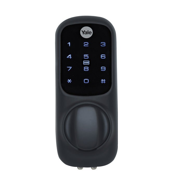 Carlisle Brass Keyless Connect Smart Locks in black, featuring a digital keypad for keyless entry and a circular thumb-turn, designed for enhanced security and convenience.