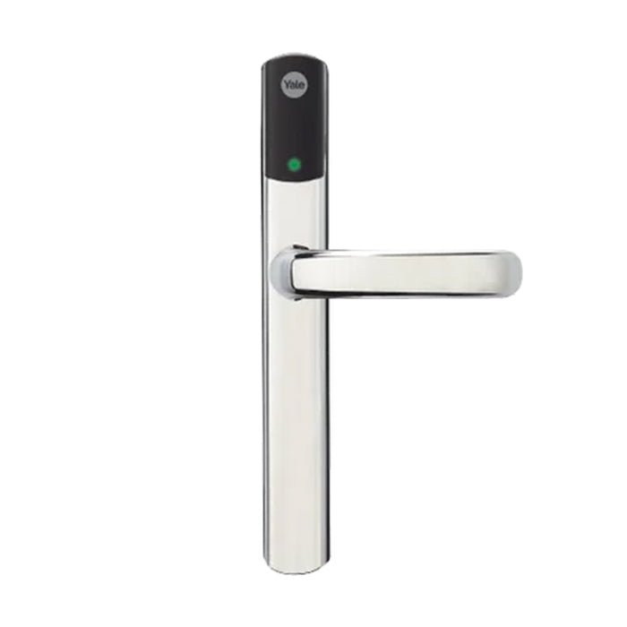Carlisle Brass Conexis L2 Smart Lock with a chrome finish, featuring a sleek design and a lever handle. The top has a black sensor area with a green indicator light.