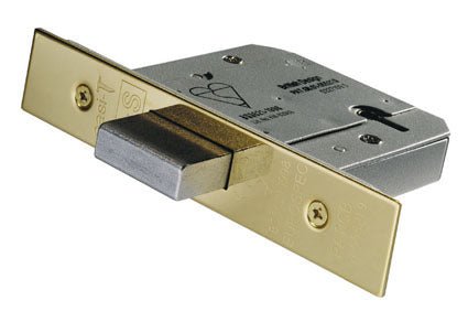 Carlisle Brass Easi T 5 Lever BS Deadlock with a brass finish and a silver locking mechanism, featuring a rectangular shape and visible keyhole.