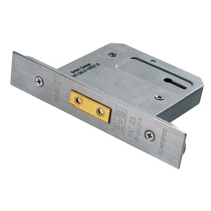 Carlisle Brass Easi-T 5 Lever Deadlock in stainless steel with a rectangular shape, featuring a brass bolt and a keyhole slot for locking mechanisms.